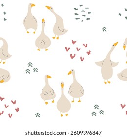 Goose Seamless Pattern. Cute Cartoon geese, Vector Illustration Background.