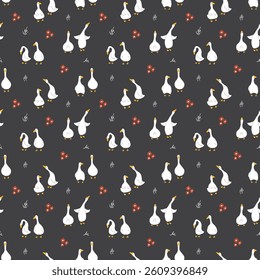Goose Seamless Pattern. Cute Cartoon geese, Vector Illustration Background.