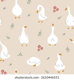 Goose Seamless Pattern. Cute Cartoon geese, Vector Illustration Background.