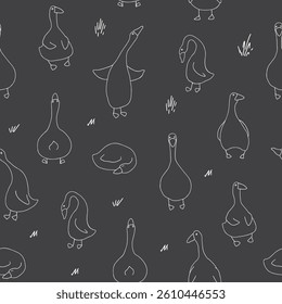 Goose Seamless Pattern. Cute Cartoon geese, Vector Illustration Background.