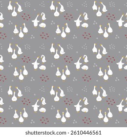 Goose Seamless Pattern. Cute Cartoon geese, Vector Illustration Background.