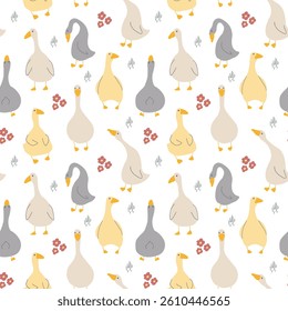 Goose Seamless Pattern. Cute Cartoon geese, Vector Illustration Background.