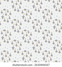 Goose Seamless Pattern. Cute Cartoon geese, Vector Illustration Background.