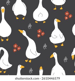 Goose Seamless Pattern. Cute Cartoon geese, Vector Illustration Background.