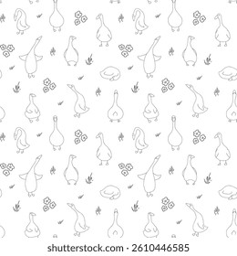 Goose Seamless Pattern. Cute Cartoon geese, Vector Illustration Background.