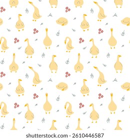 Goose Seamless Pattern. Cute Cartoon geese, Vector Illustration Background.