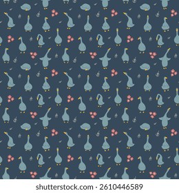 Goose Seamless Pattern. Cute Cartoon geese, Vector Illustration Background.