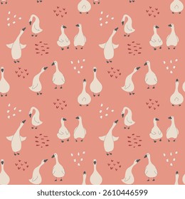 Goose Seamless Pattern. Cute Cartoon geese, Vector Illustration Background.