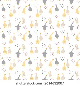 Goose Seamless Pattern. Cute Cartoon geese, Vector Illustration Background.