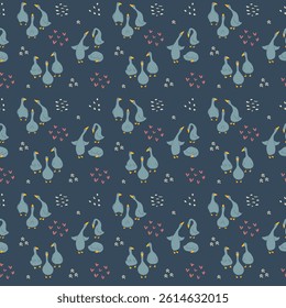 Goose Seamless Pattern. Cute Cartoon geese, Vector Illustration Background.