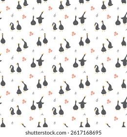 Goose Seamless Pattern. Cute Cartoon geese, Vector Illustration Background.
