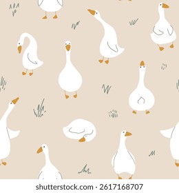 Goose Seamless Pattern. Cute Cartoon geese, Vector Illustration Background.