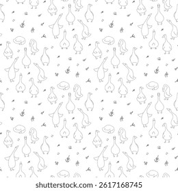 Goose Seamless Pattern. Cute Cartoon geese, Vector Illustration Background.