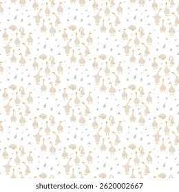 Goose Seamless Pattern. Cute Cartoon geese, Vector Illustration Background.