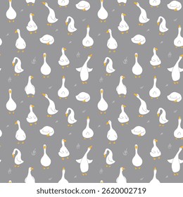 Goose Seamless Pattern. Cute Cartoon geese, Vector Illustration Background.