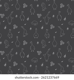 Goose Seamless Pattern. Cute Cartoon geese, Vector Illustration Background.