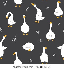Ganso Padrão Sem Costura. Gansos de desenhos animados bonitos, fundo de ilustração vetorial.