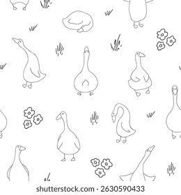 Ganso Padrão Sem Costura. Gansos de desenhos animados bonitos, fundo de ilustração vetorial.