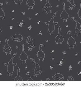 Ganso Padrão Sem Costura. Gansos de desenhos animados bonitos, fundo de ilustração vetorial.