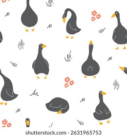 Ganso Padrão Sem Costura. Gansos de desenhos animados bonitos, fundo de ilustração vetorial.
