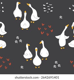 Ganso Padrão Sem Costura. Gansos de desenhos animados bonitos, fundo de ilustração vetorial.
