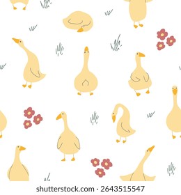 Ganso Padrão Sem Costura. Gansos de desenhos animados bonitos, fundo de ilustração vetorial.
