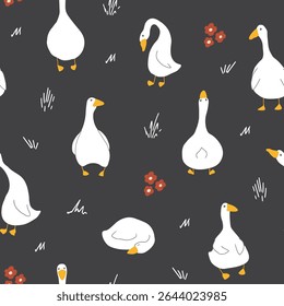 Ganso Padrão Sem Costura. Gansos de desenhos animados bonitos, fundo de ilustração vetorial.