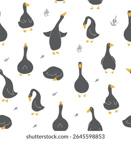 Ganso Padrão Sem Costura. Gansos de desenhos animados bonitos, fundo de ilustração vetorial.