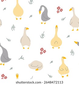 Ganso Padrão Sem Costura. Gansos de desenhos animados bonitos, fundo de ilustração vetorial.