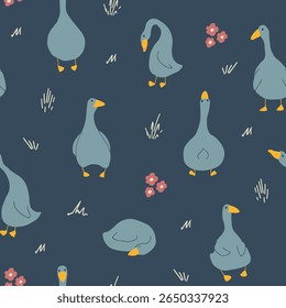 Ganso Padrão Sem Costura. Gansos de desenhos animados bonitos, fundo de ilustração vetorial.