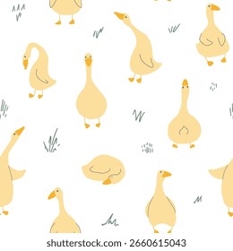 Ganso Padrão Sem Costura. Gansos de desenhos animados bonitos, fundo de ilustração vetorial.