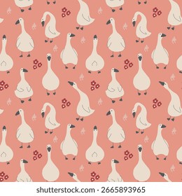 Goose Seamless Pattern. Cute Cartoon geese, Vector Illustration Background.