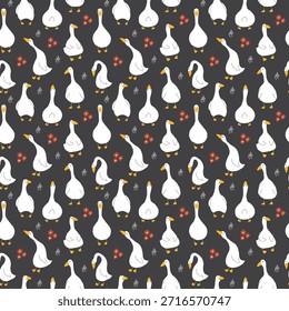 Goose Seamless Pattern. Cute Cartoon geese, Vector Illustration Background.