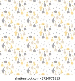 Goose Seamless Pattern. Cute Cartoon geese, Vector Illustration Background.