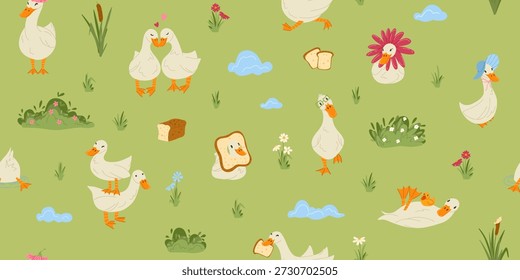 Ganso sin patrón. Graciosos gansos, patos, hierba y flores. Granja juguetona, núcleo de la cabaña. Vector dibujado a mano ilustración para el diseño de los niños, tela, embalaje, Fondo de pantalla, papelería, papel de embalaje
