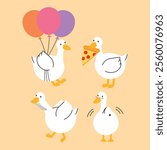 goose
set of funny goose cartoon characters, goose with balloon, goose with a slide of pizza, angry one, dancing one