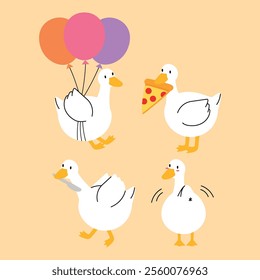 goose
set of funny goose cartoon characters, goose with balloon, goose with a slide of pizza, angry one, dancing one