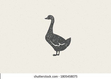 Goose silhouette for animal husbandry industry hand drawn stamp effect vector illustration. Vintage grunge texture emblem for butchery packaging and menu design or label decoration