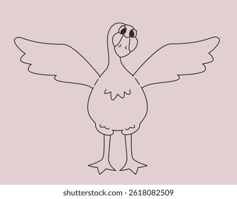 El ganso se para y aletea sus alas. Pájaro divertido en estilo doodle.
