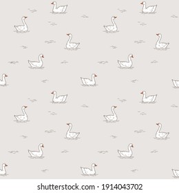 Goose swims in the water. Seamless trendy pattern with domestic fowl. Outline vector illustration for prints, clothing, packaging and postcards.