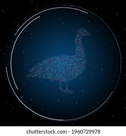 The goose symbol filled with white dots. Pointillism style. Some dots is red. Vector illustration on blue background with stars