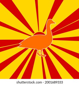 Goose symbol on a background of red flash explosion radial lines. The large orange symbol is located in the center of the sun, symbolizing the sunrise. Vector illustration on yellow background