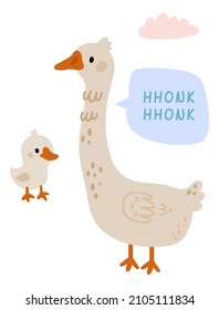 Goose talking. Cute farm animal making hhonk sound