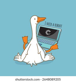 goose, tired goose, lazy goose, stupid, sitting, needs to reboot, overworked, reboot, rest, vacation, overwork, laptop, computer, office, goose works, postcard, cover, sticker, cool, worker