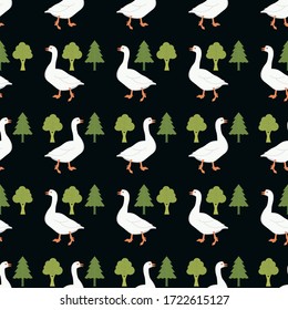 Goose and tree seamless pattern for wallpaper, wrapping and textile on black background.