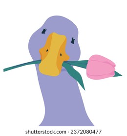 Goose with a tulip flower in its beak. Portrait of a bird. Flat vector illustration, eps10