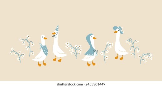 Goose vector collection. Cute cartoon characters between blooming meadow flowers in funny clothes in simple hand-drawn style. The limited vintage palette is perfect for baby prints