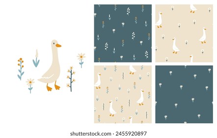 Goose vector seamless pattern collection. Cute cartoon characters between blooming meadow flowers in simple hand-drawn style. The limited vintage palette is perfect for baby prints
