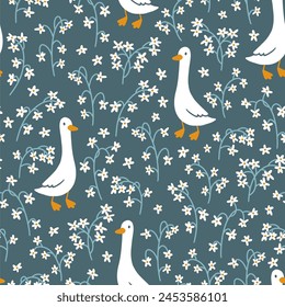 Goose vector seamless pattern. Cute cartoon characters between blooming meadow flowers in simple hand-drawn style. The limited vintage palette is perfect for baby prints