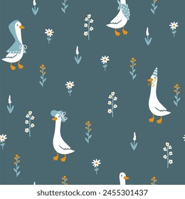 Goose vector seamless pattern. Cute cartoon characters between blooming meadow flowers in funny clothes in simple hand-drawn style. The limited vintage palette is perfect for baby prints